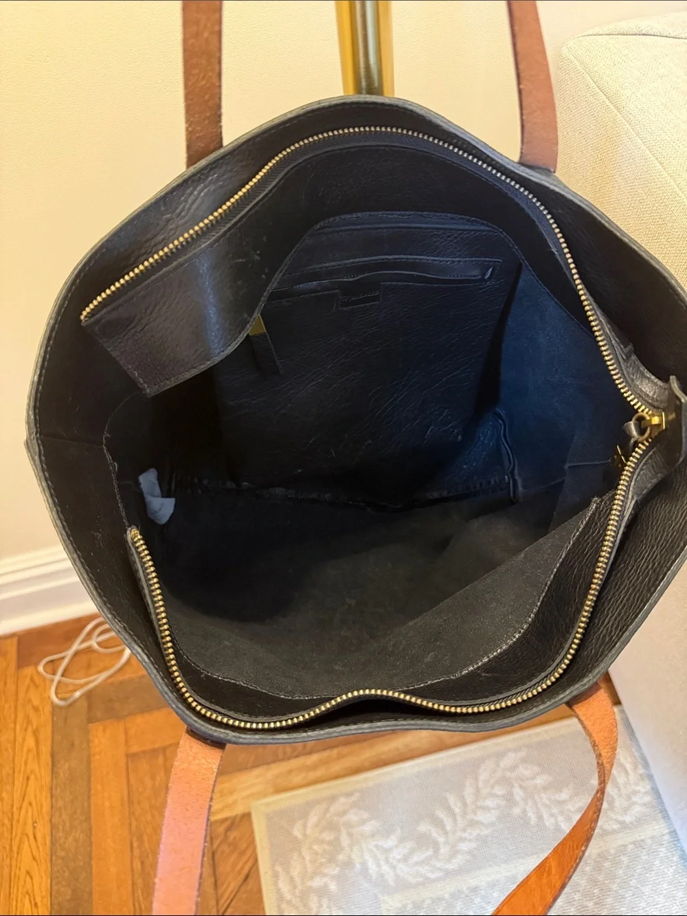 Madewell Classic Black Leather Tote with Brown Handles